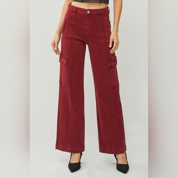 RISEN High Rise Wide Leg Cargo Jeans Wine Retro Vintage Style Various NEW - Picture 7 of 10